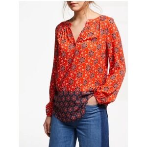 Boden Maya Floral Long Sleeved Blouse Size‎ US 2 Blood Orange Navy